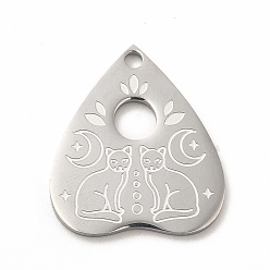 Stainless Steel Color 304 Stainless Steel Pendants, Heart with Cat Charms, Stainless Steel Color, 25x22x1.4mm, Hole: 2mm
