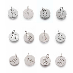 Constellation 304 Stainless Steel Pendants, Flat Round with Twelve Constellation/Zodiac Sign, 12 Constellations, 12x1mm, Hole: 3mm, 12pcs/set