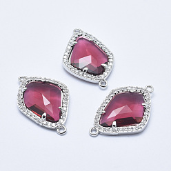 Dark Red Brass Micro Pave Cubic Zirconia Links, with Glass, Faceted, teardrop, Platinum, Dark Red, 27x18x4.5mm, Hole: 1.4mm