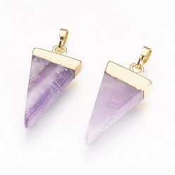 Amethyst Natural Amethyst Pendants, with Brass Findings, Triangle, Golden, 27~29x12~13x4~5mm, Hole: 4x6mm