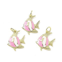Бледно-Розовый Латунь эмаль подвески, очарование рыбы, с целью перехода в кольце, стойки покрытие, долговечный, без свинца и без кадмия, реальный 18 k позолоченный, розовый жемчуг, 17x15x2 мм, отверстие : 3 мм
