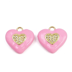 Pink Латунные микро проложить кубического циркония подвески, сердце, с эмалью, реальный 18 k позолоченный, без кадмия и без свинца, стойки покрытие, долговечный, розовые, 19x20x6 мм, отверстие : 2 мм