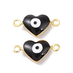 Black Brass Enamel Connector Charms, Real 18K Gold Plated, Heart with Evil Eye Pattern, Black, 7x14x3.5mm, Hole: 1.2mm