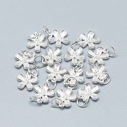 Silver 925 Sterling Silver Charms, with 925 Stamp, with Jump Ring, Flower, Silver, 12x10x3mm, Hole: 4mm