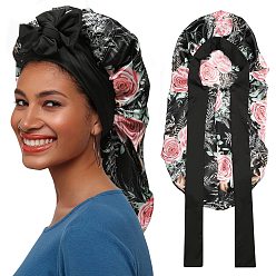 Black Satin Bonnet Hair Bonnet With Tie Band For Sleeping, Reusable Adjusting Hair Care Wrap Cap Sleep Caps, Black, 680x290mm
