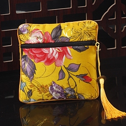 Yellow Square Chinese Style Cloth Tassel Bags, with Zipper, for Bracelet, Necklace, Yellow, 11.5x11.5cm