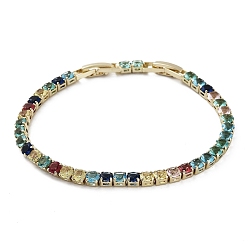 Golden Colorful Glass Tennis Bracelet, Brass Link Chain Bracelets, Long-Lasting Plated, Golden, 6-7/8 inch(17.5cm)