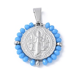 Темно-Голубой 304 подвески из нержавеющей стали, со стеклянными бусинами, плоский круглый с шалфеем, цвет нержавеющей стали, глубокое синее небо, 27.5x28x3.5 мм, отверстие : 8x4 мм