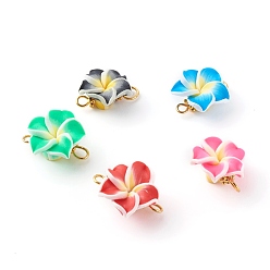 Mixed Color Handmade Polymer Clay Links Connectors, with Golden Brass Findings, Frangipani Flower, Mixed Color, 14~15x16.5~19x9~11mm, Hole: 2~3mm
