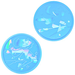 Deep Sky Blue Halloween Witch Pattern Silicone Holographic Round Coaster Molds, Resin Casting Coaster Molds, For UV Resin, Epoxy Resin Craft Making, Deep Sky Blue, 95mm, 2pcs/set
