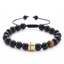 L Square Gemstone Letter Bracelet with Natural Agate and Tiger Eye Beads - A to Z Alphabet Design