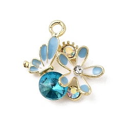 Индиколит Подвески из сплава и страза, стойки покрытие, цветок с бабочкой, золотые, Indicolite, 22x21x7 мм, отверстие : 2.5 мм
