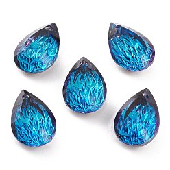 Bermuda Blue Embossed Glass Rhinestone Pendants, Teardrop, Faceted, Bermuda Blue, 14x9x5mm, Hole: 1.4mm