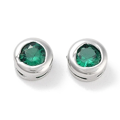 Green Brass with Single Cubic Zirconia Slide Charms, Flat Round, Platinum, Green, 5.5x3.5mm, Hole: 3x0.6mm