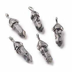 Map Stone Natural Map Stone Pendants, Faceted, with Platinum Tone Brass Findings, Lead free & Cadmium Free, Bullet, 27~30x9~10x7~8mm, Hole: 4x3mm