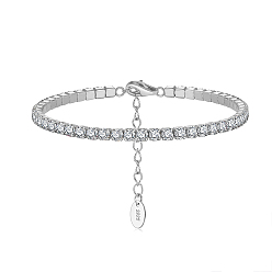 Clear Rhodium Plated Real Platinum Plated 925 Sterling Silver Link Chain Bracelet, Cubic Zirconia Tennis Bracelets, with S925 Stamp, Clear, 6-5/8 inch(16.8cm)