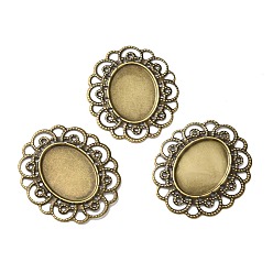 Antique Bronze Tibetan Style Iron Cabochon Connector Settings, Etched Metal Embellishments, Oval, Antique Bronze, Tray: 24.5x18mm, 41.5x35x1mm, Hole: 1.2mm
