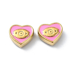Hot Pink Ion Plating(IP) 304 Stainless Steel Enamel Beads, Real 18K Gold Plated, Heart with Eye, Hot Pink, 9x10x4.5mm, Hole: 1.2mm