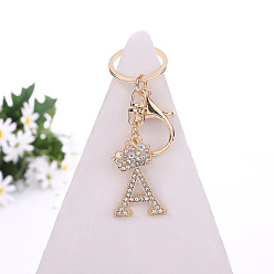 Letter A Crystal Rhinestone Initial Letter with Crown Pendant Keychains, with Light Gold Alloy Findings, Letter.A, 10~10.5cm, alphabet: 40~46x20~45mm
