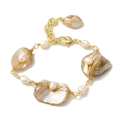 Real 14K Gold Plated Natural Pearl & Shell Link Bracelets, Brass Wire Wrapped Bracelet, Real 14K Gold Plated, 6-7/8 inch(17.6cm)