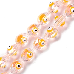 Orange Transparent Evil Eye Glass Beads Strands, with Enamel, Faceted, Teardrop, Orange, 11.5~12x9x9~9.5mm, Hole: 1.2mm, about 35pcs/strand, 15.94''~16.14''(40.5~41cm)