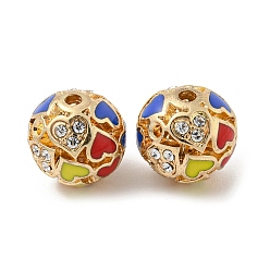 Red Golden Alloy Enamel Beads, with Rhinestone, Round with Heart, Red, 12x11.5mm, Hole: 1.8mm