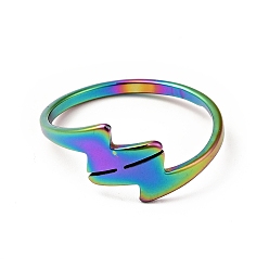 Rainbow Color Ion Plating(IP) 201 Stainless Steel Lightning Bolt Cuff Ring for Women, Rainbow Color, US Size 6 1/2(16.9mm)