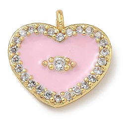 Pink Стойка покрытие латунь микропаве прозрачный кубический цирконий с эмалевыми подвесками, долговечный, без свинца и без кадмия, реальный 18 k позолоченный, сердце с рисунком глаз, розовые, 12x11.5x2 мм, отверстие : 1.2 мм