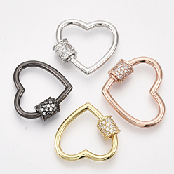 Mixed Color Brass Micro Pave Cubic Zirconia Screw Carabiner Lock Charms, for Necklaces Making, Heart, Clear, Mixed Color, 19x21.5x2~6mm