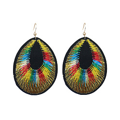 8073 gradient mix color Boho Ethnic Style Embroidered Tassel Earrings with Peacock Feathers and Pressed Floral Fabric in Oval Shape