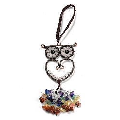 Rose Quartz Wire Wrapped Brass Owl & Natural Rose Quartz Pendant Decoration, Braided Nylon Thread and Gemstone Chip Tassel Hanging Ornaments, 160~180mm