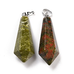 Unakite Natural Unakite Pointed Pendants, with Platinum Plated Brass Loops, Bullet, 35.3~38x13~14mm, Hole: 6.5x2.8mm