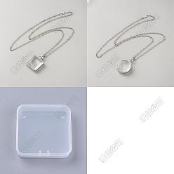 Платина 2шт. 2 стили: квадратные, плоские, круглые подвески-медальоны из сплава, кулоны на шею, с прозрачного стекла кабошонов, платина, 31.50 дюйм (80 см) ~ 31.89 дюйм (81 см), 1 шт / стиль