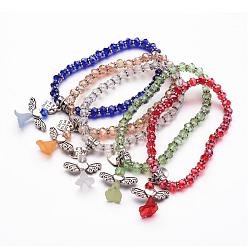 Mixed Color Glass Beads Stretch Bracelets, with Tibetan Style Findings, Lovely Wedding Dress Angel Dangle, Mixed Color, (2 inch)53mm