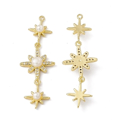 Real 18K Gold Plated Rack Plating Brass Micro Pave Cubic Zirconia Big Pendants, with Plastic Imitation Pearl, Cadmium Free & Lead Free, Long-Lasting Plated, 3 Sparkling Star Charm, Real 18K Gold Plated, 53x17.5x6mm, Hole: 1.6mm