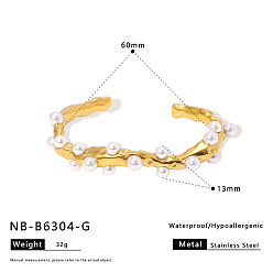Золотой 304 Браслеты-манжеты из нержавеющей стали с имитацией жемчуга для женщин, круглые, кремово-белые, золотые, внутренний диаметр: 2.36 дюйм (6 см)