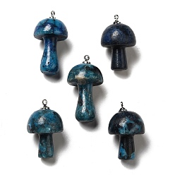 Prussian Blue Natural Quartz Pendants, Mushroom Charms, Dyed & Heated, with Platinum Plated Alloy Loops and Natural Opal , Prussian Blue, 25~30x16~16.5x16~16.5mm, Hole: 1.5~2mm