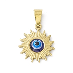 Midnight Blue Vacuum Plating 304 Stainless Steel Resin Pendants, Golden, Sun Charms with Evil Eye, Midnight Blue, 19x16x4mm, Hole: 6.5x3mm