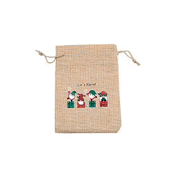 Gnome Rectangle Christmas Themed Burlap Drawstring Gift Bags, Gift Pouches for Christmas Party Supplies, BurlyWood, Gnome, 14x10cm