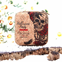 Flower Portable Skull Printed Square Cork Wood Jewelry Packaging Zipper Box for Necklaces Earrings Storage, Flower, 10x10x5cm