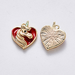 Red Brass Enamel Pendants, Nickel Free, Heart with Unicorn, Real 18K Gold Plated, Red, 13.5x11.5x3.5mm, Hole: 1mm