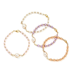 (52) Непрозрачная лаванда 4шт 4 цвета стеклянные жемчужины круглые бусины браслеты для женщин, с латунным шарики прокладки, разноцветные, 8-3/4 дюйм (22.1 см), 1 шт / цвет