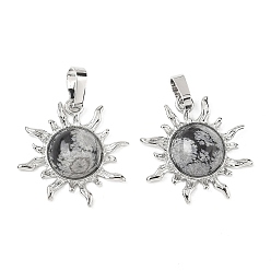 Снежный Обсидиан Естественно снежинка обсидиана подвески, латунные солнечные подвески, стойки покрытие, платина, без кадмия и без свинца, 23x22.5x5.5 мм, отверстие : 7.5x4.5 мм