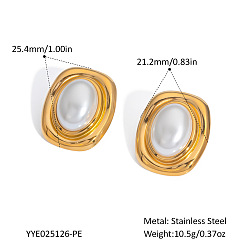 Настоящее золото 18K Овальные серьги-гвоздики из нержавеющей стали, с имитацией жемчуга, реальный 18 k позолоченный, 25.4x21.2 мм