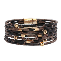 brown Leopard Print Magnetic Clasp Leather Bracelet - Beaded Leather Cord Bracelet, Copper Tube Bangle, Jewelry.