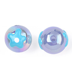 Deep Sky Blue UV Plating Rainbow Iridescent Acrylic Beads, Hand Drawn Beads, with Enamel, Round with Flower, Deep Sky Blue, 17x16x15.5mm, Hole: 2.8mm