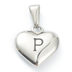 Letter P 304 Stainless Steel Pendants, Heart with Black Letter, Stainless Steel Color, Letter.P, 16x16x4.5mm, Hole: 7x3mm