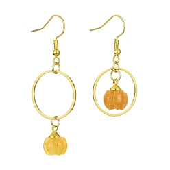 Yellow Aventurine Natural Yellow Aventurine Pumpkin with Ring Dangle Earrings, Iron Asymmetrical Earrings, 40~55.5x20mm