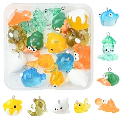 Mixed Color 16Pcs 8 Styles Marine Series Opaque & Transparent Resin Pendants, Sea Animal Charm, with Platinum Tone Iron Findings, Octopus & Inkfish & Goldfish, Mixed Shapes, Mixed Color, 15~26x19~22x9~24mm, Hole: 2mm, 2pcs/style