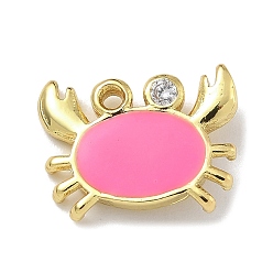 Ярко-Розовый Стойка покрытие латунь микропаве прозрачный кубический цирконий с эмалевыми подвесками, долговечный, без свинца и без кадмия, реальный 18 k позолоченный, краб, ярко-розовый, 10.5x14x3.5 мм, отверстие : 3x1 мм
